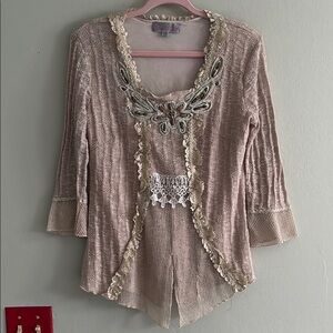 Pretty Angel vintage Linen & Cotton Blend Boho Layered Burlap Lace Blouse M